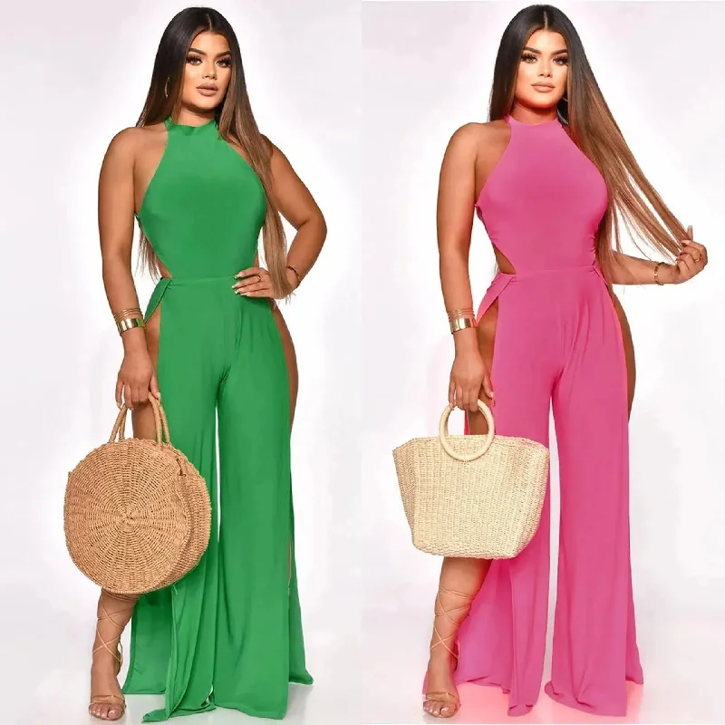 Lace-up Back Jumpsuit Split Leg Casual Trousers Women Trousers stylish elegant