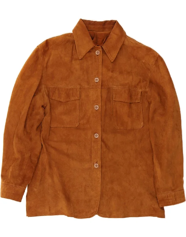 VINTAGE Womens Suede Jacket IT 46 Large Brown Leather Collared Jacket Crew Neck Jacket Turtle Neck Jacket