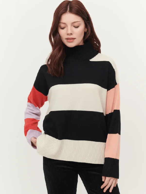 & Isla Sadie Colourblock Black/Multi Stripe Funnel Cashmere Jumper IF3C-041 Herringbone Houndstooth Plaid