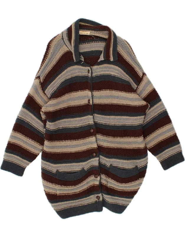 VINTAGE Womens Cardigan Sweater UK 14/16 Large Multicoloured Striped Mesh Cardigan Canvas Denim