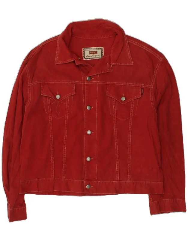 SISLEY Womens Denim Jacket UK 18 XL Red Cotton Chenille Fabric Brocade Fabric Lace Fabric