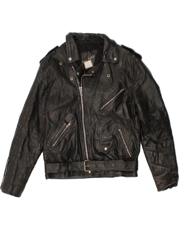 VINTAGE Womens Leather Biker Jacket IT 56 4XL Black Leather Cotton Jacket Linen Jacket Terry Jacket