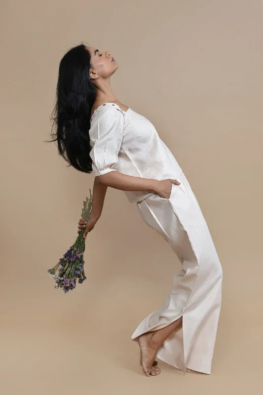Breathable Hemp Slit Flare Trousers | Peach Trousers Favorite Customer