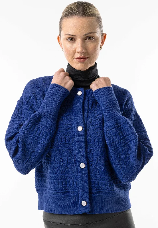 Angeleye Cable Knit Crew Button Cardigan In Navy Casual Formal Business