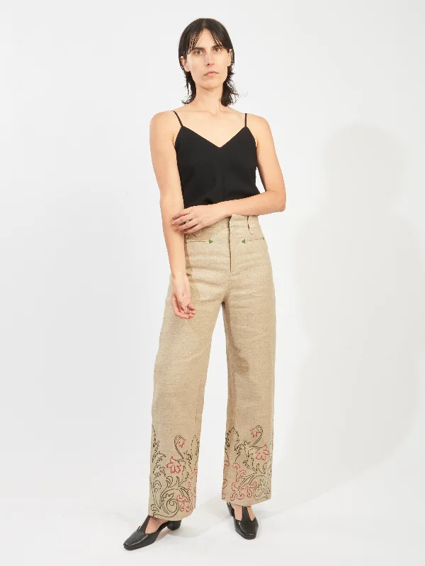 Tan Embroidered Trumpet Flower Murphy Trouser Trousers luxurious high-end