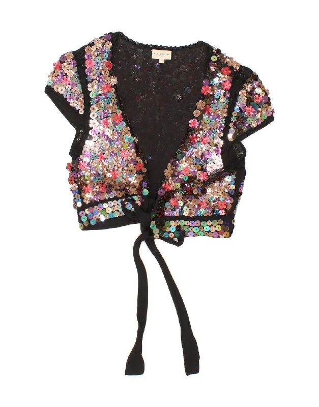 KAREN MILLEN Womens Sequin Crop Cardigan Top US 2 XS Multicoloured Floral Houndstooth Herringbone Solid