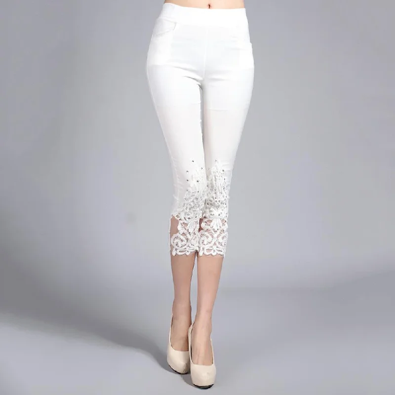 Women Lace Pants Crochet Rhinestone Skinny Stretch Cropped Leggings Trousers Capris Pants 5188 Trousers Culottes Wide Leg