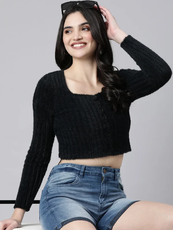 Women Solid Crop Black Cardigan-CHN-63CX29-Black Herringbone Houndstooth Plaid
