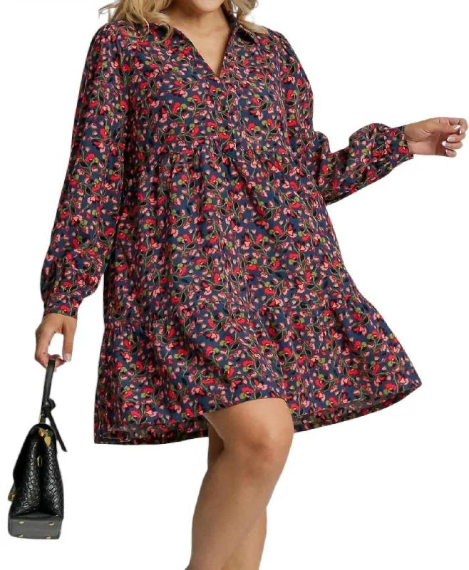 Off To Brunch Dress In Navy Mix