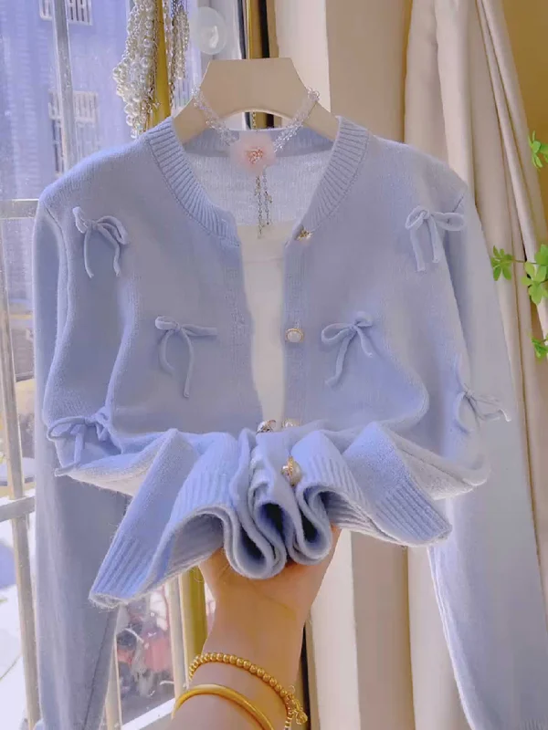 Bow Pearl Buttons Pastel Blue Cardigan Stretchy Elastic Breathable