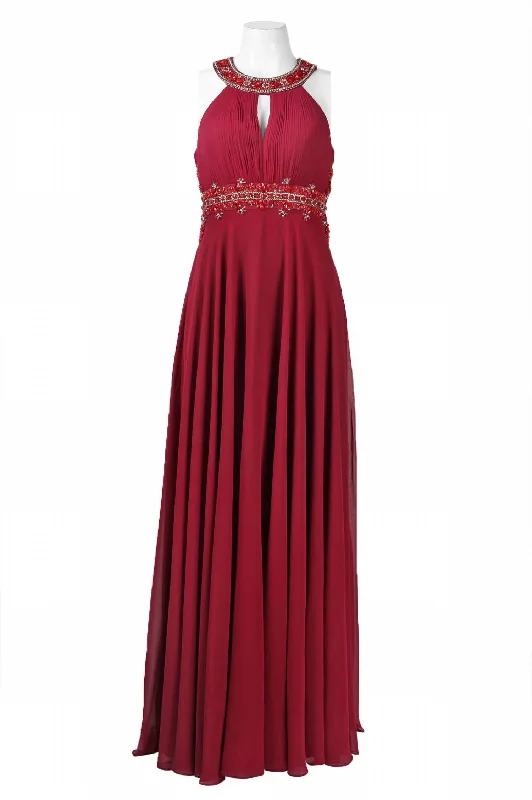 Beaded Cutout Back Evening Dress In Port