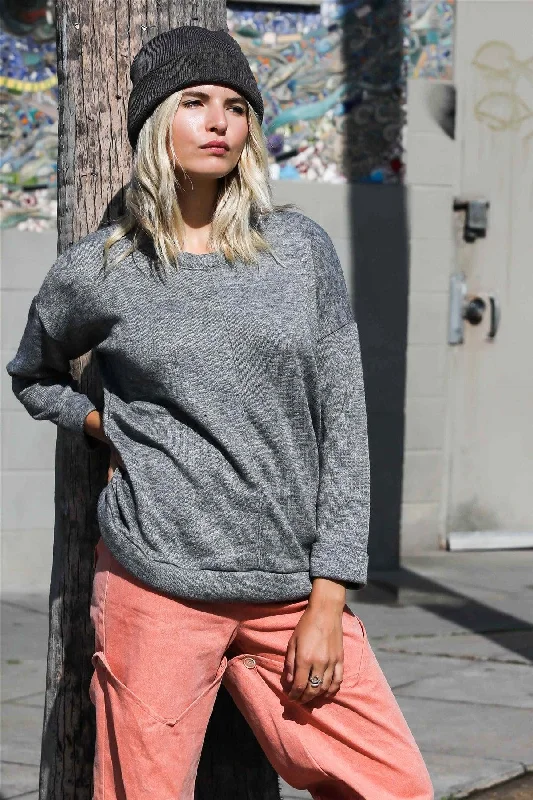 Heather Grey Cuffed Long Sleeve Sweatshirt /3-2 Hoodie with Puffed Sleeves Voluminous Trendy Heather Grey Cuffed Long Sleeve Sweatshirt /3-2 Hoodie with Puffed Sleeves Voluminous Trendy