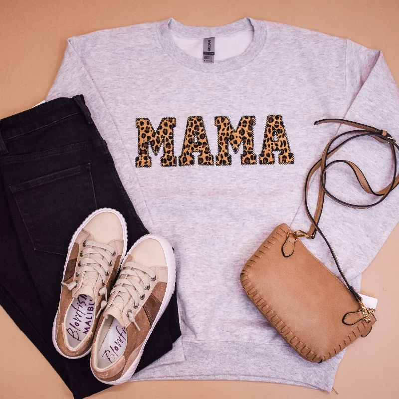 Leopard Mama Applique Embroidered Pullover Fitted Ribbed Sweater