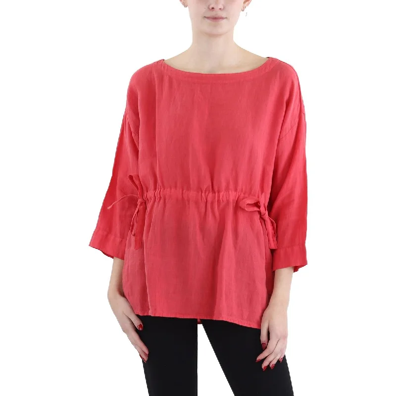 Womens Drawstring Hem Split Hem Pullover Top Ruffle Neck Pullover