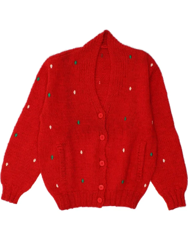 VINTAGE Womens Cardigan Sweater UK 16 Large Red Spotted Handmade Hand-knitted Hand-woven