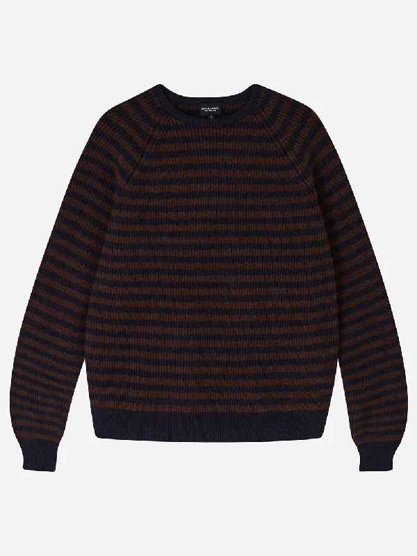 Navy & Brown Stripe Rib Knit Jumper Notch Collar Peter Pan Collar Cowl Neck