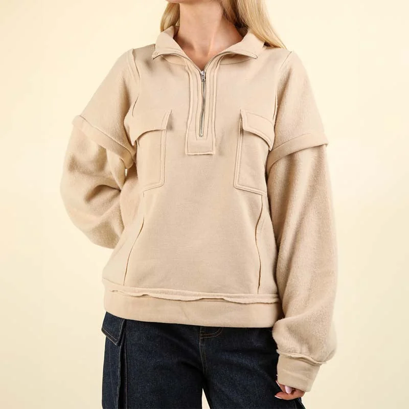 Two Pocket Quarter Zip Pullover Open Neck Pullover