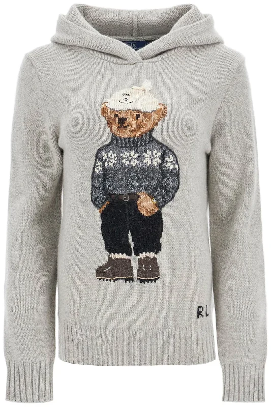 Polo Bear Hooded Sweater  - Grey Solid Color Striped Floral Print