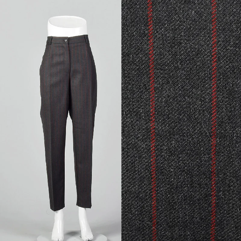 1990s Dolce & Gabbana Gray Trousers with Red Pinstripe Trousers Elastic Waist Soft