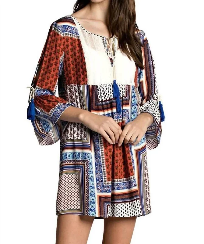 Tassel And Lace Dress In Orange Mix