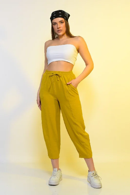 New Season Summer Elastic Waist Slim Pants High Waist Women Mustard Color Casual Trousers Trousers Recommended Stylist