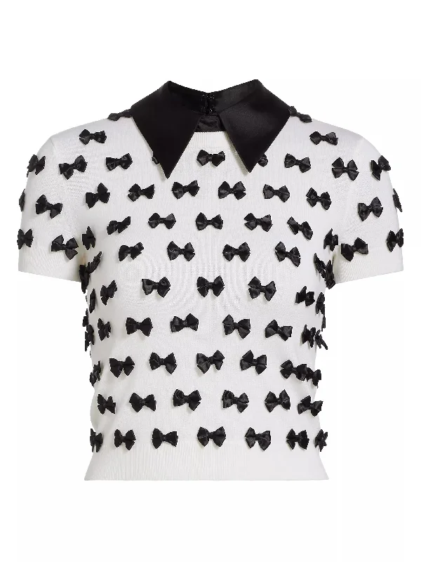 alice + olivia Ciara Short Sleeve Pullover, Soft White/Black, L Shawl Collar Sweater