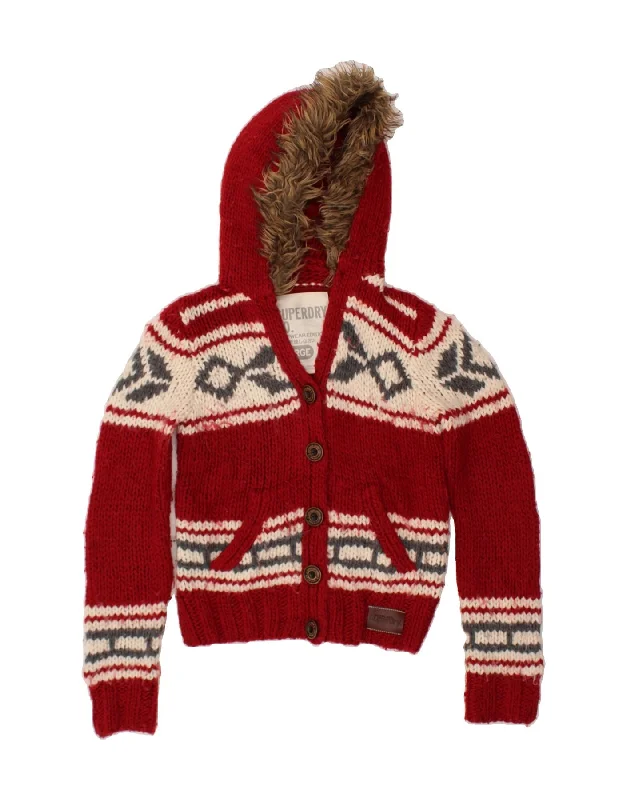 SUPERDRY Womens Hooded Cardigan Sweater UK 16 Large Red Fair Isle Acrylic Tailored Straight A-Line