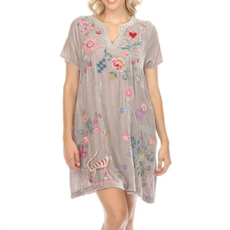 Velvet V-Neck Shift Dress In Silver Peony