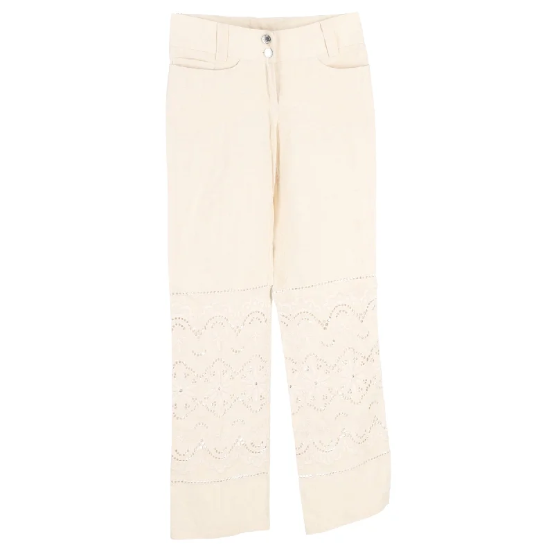 Dolce & Gabbana Lace Cutout Flower Trousers in White Linen Trousers Bridal Satin