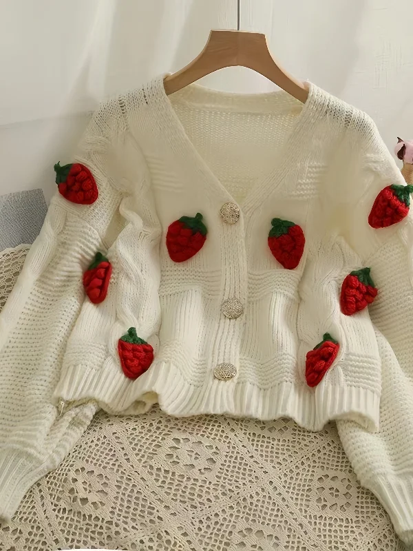 Embroidered Strawberry Crochet Long-sleeved Knitted Cardigan Elegant Classic Vintage