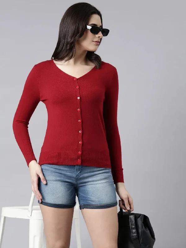 Women Solid Maroon Cardigan-144-Maroon Collared Crew Neck Turtle Neck