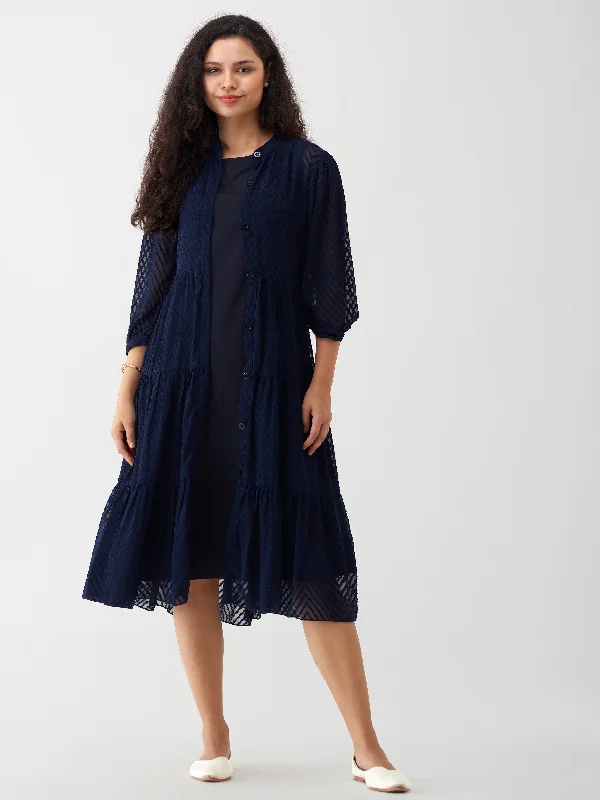 Navy Blue Crepe Chiffon Swiss Dot Boat Neck Tunic Top with Jacket Chenille Jacket Brocade Jacket Lace Jacket