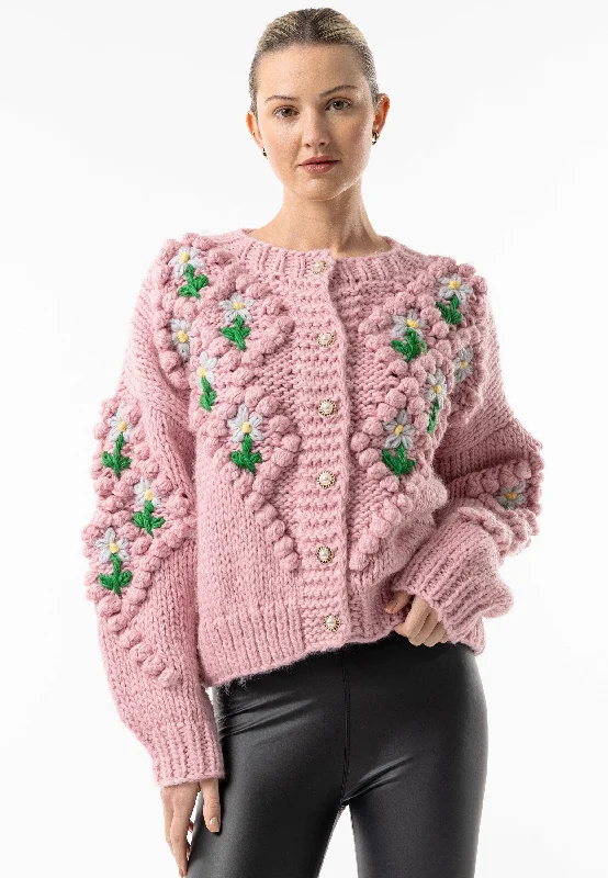 Angeleye Pink Chunky Knit Crew Floral Cardigan Handmade Hand-knitted Hand-woven