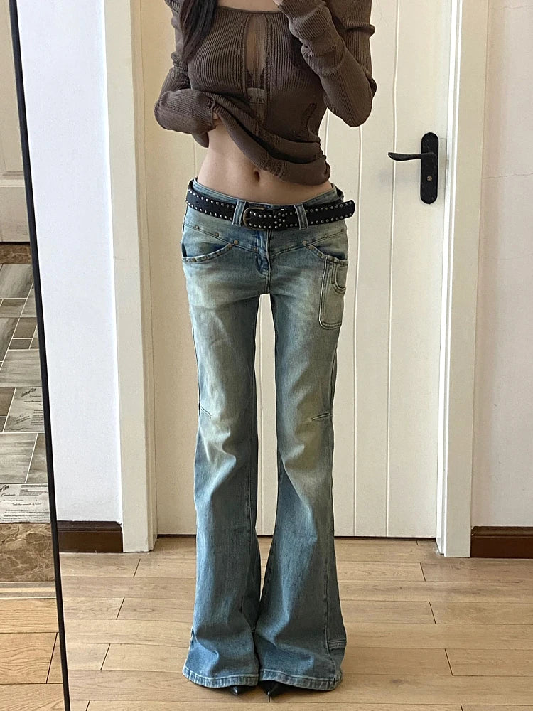 Advbridge  -  Women Gyaru Japanese Harajuku Y2K Streetwear Low Rise Flare Denim Pants Jeans 2000s Vintage Bell-Bottom Trousers Kpop Goth Tide Trousers cozy comfortable
