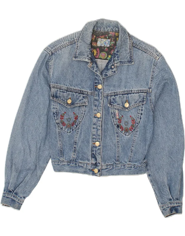 VINTAGE Womens Crop Denim Jacket UK 14 Medium Blue Floral Cotton Satin Jacket Silk Jacket Chiffon Jacket