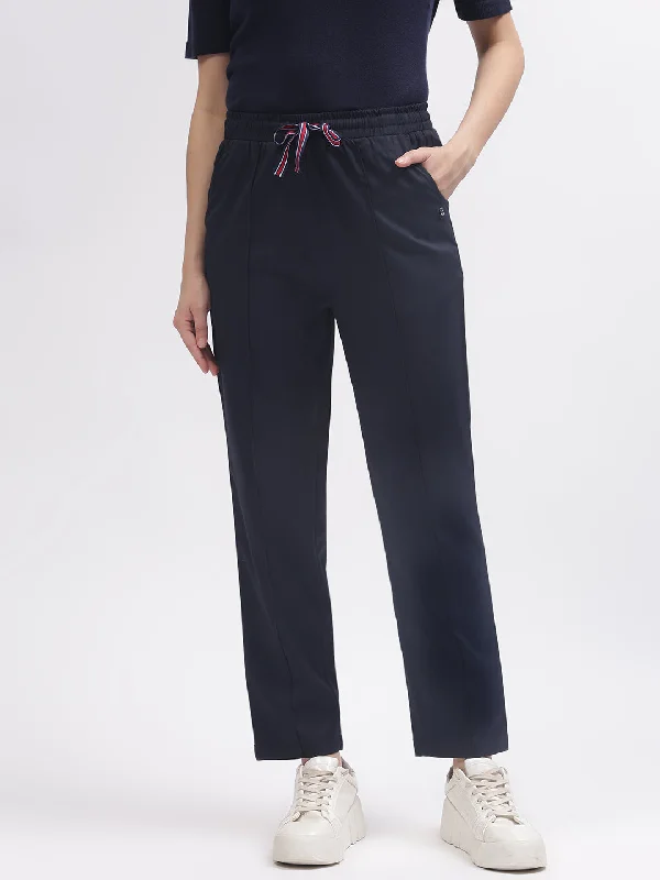 Iconic Women Navy Blue Solid Regular Fit Trouser Trousers Essential Wardrobe