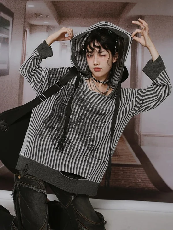 Graffiti Striped Loose Knitted Hoodie【s0000003996】 Hoodie Dress Longline Feminine