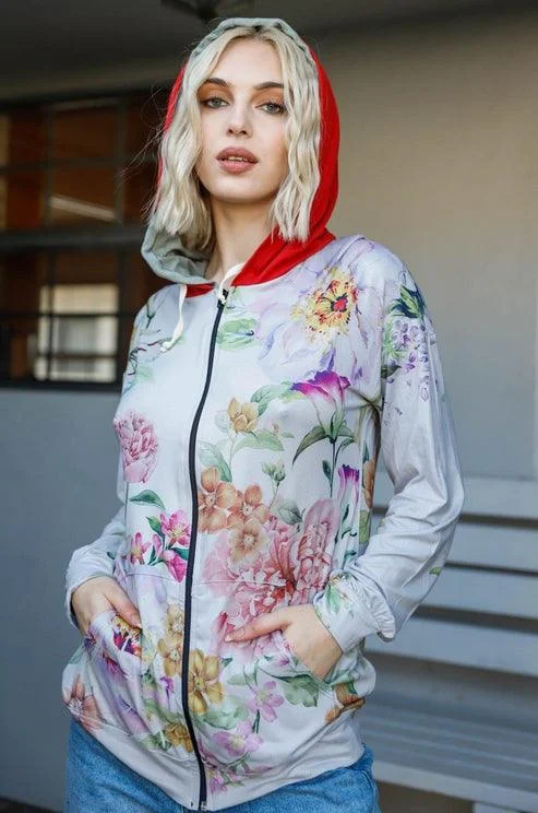 Women & Plus Size Floral Print Zip-Up Hooded Sweatshirt Hoodie with Monochrome Minimalist Simple Women & Plus Size Floral Print Zip-Up Hooded Sweatshirt Hoodie with Monochrome Minimalist Simple
