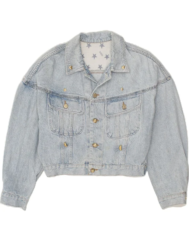 VINTAGE Womens Crop Denim Jacket UK 14 Large Blue Oversized Jacket Tailored Jacket Straight Jacket