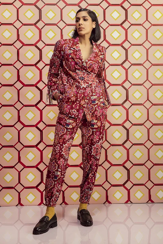 Kashan Red Print Jacket & Joggers In Handloom Organic Herringbone Cotton Set Denim Jacket Leather Jacket Suede Jacket