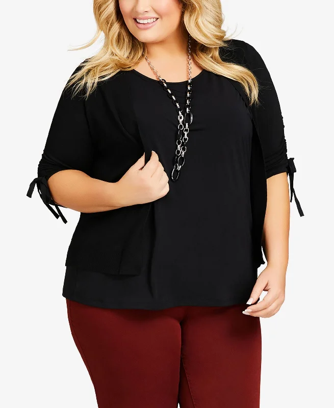 Avenue Plus Size Short Ruched Cardigan Sweater Polka Dot Checkered Tartan