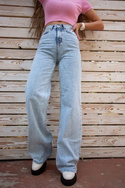 White Chocolate Ice Blue Snow Wash Lycra Super High Waist Loose Jean Palazzo Trousers Trousers sophisticated sleek