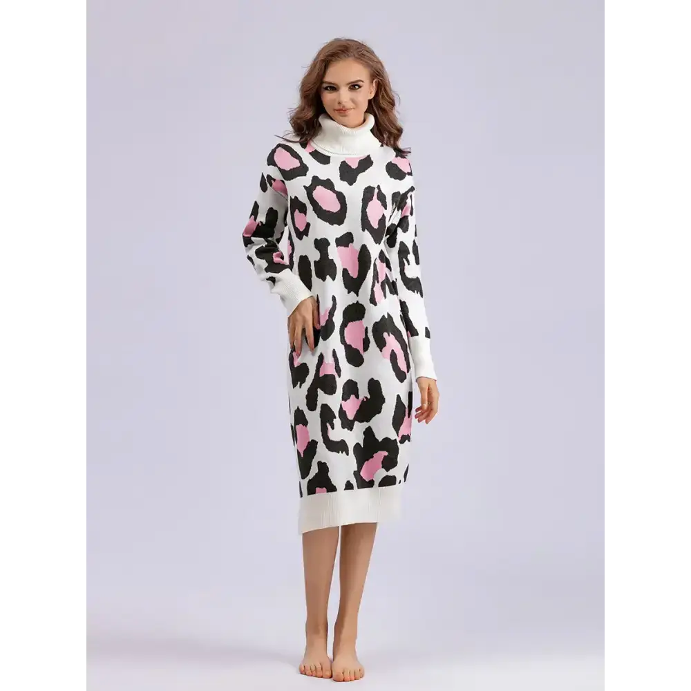 Leopard jacquard thick autumn winter straight sweaters dress Oversized Loose Flowy