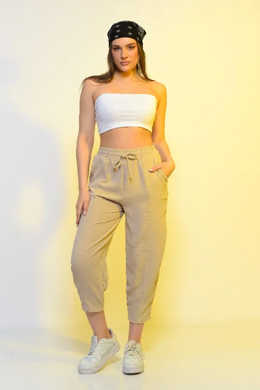 New Season Summer Elastic Waist Slim Pants High Waist Women Beige Color Casual Trousers Trousers Essential Wardrobe