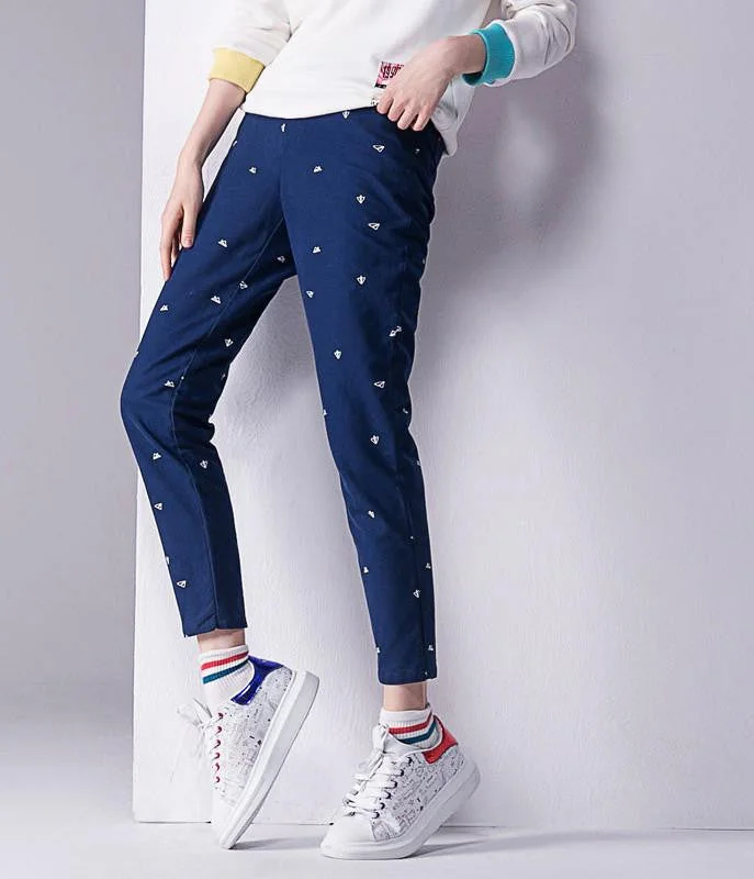 Toyouth Pants Women Printed Casual Cotton Straight Trousers Full Length XXL Pants Trousers Denim Blue