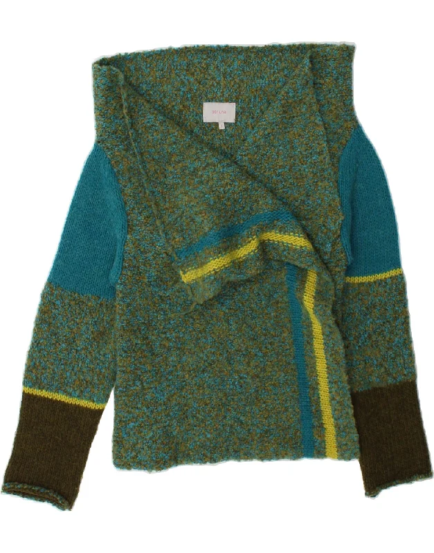 PER UNA Womens Cardigan Sweater UK 16 Large Green Colourblock Acrylic Print Jacquard Patchwork