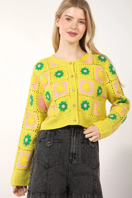Cardigan | Flower Square Knit Green Lace Blend Ribbed Blend Corduroy Blend