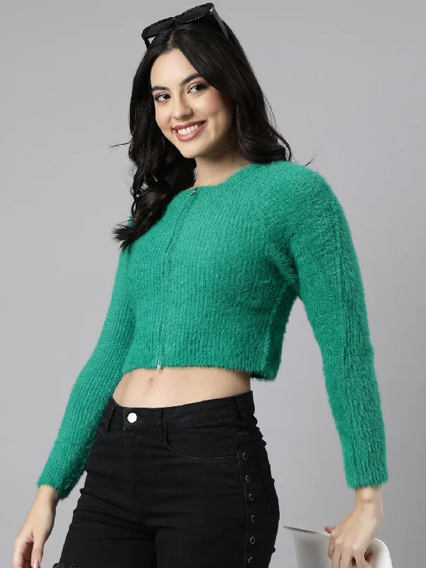Women Solid Crop Green Cardigan-CHN-M5508-Green Casual Formal Business