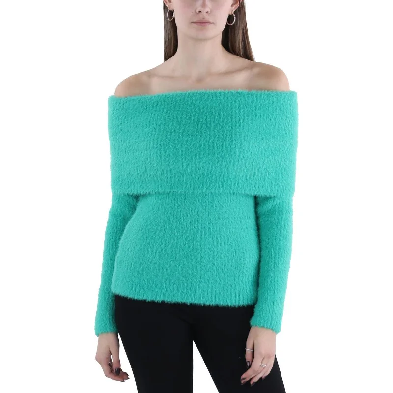 Womens Off-the-Shoulder Ribbed Pullover Sweater Short Sleeve Top