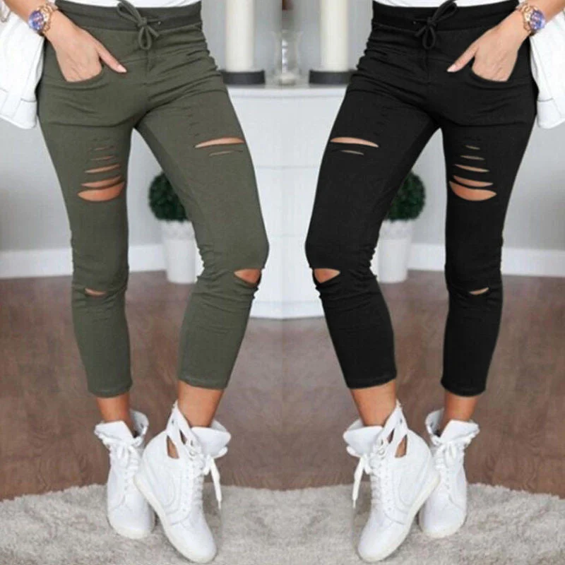 Cut Out Women's Pants Thin Casual Drawstring Trousers For Women White Long Cargo Pantalon Plus Pants Women Trousers luxurious high-end